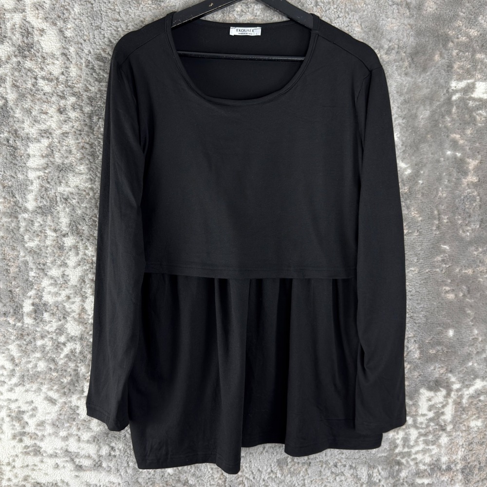 Ekouaer Size L Maternity Nursing Layered Peplum Top Black Long Sleeve Women